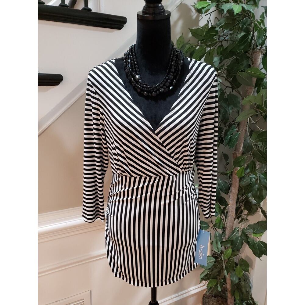 B-Slim Women's Black & White Polyester V-Neck Long Sleeve Top Blouse Size Large